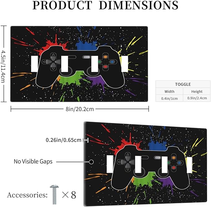 Classic Videogames Controller Black Splash Ink Colorful Light Switch Covers Quad Toggle Electrical Faceplate 4 Gang Wall Plate Decorative Switch Plates Cover for Kids Room Nursery Decor