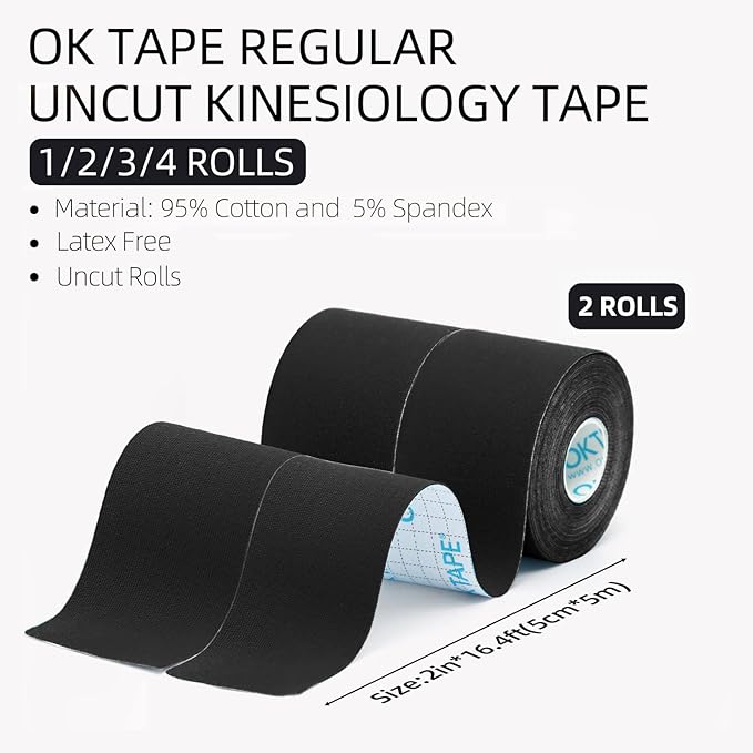 OK TAPE Regular Original Cotton Kinesiology Tape (2 Pack), Elastic Water Resistant Therapeutic Athletic Tape, Latex Free, Injury Recovery, Uncut K Tape 2in×16.4ft - Black