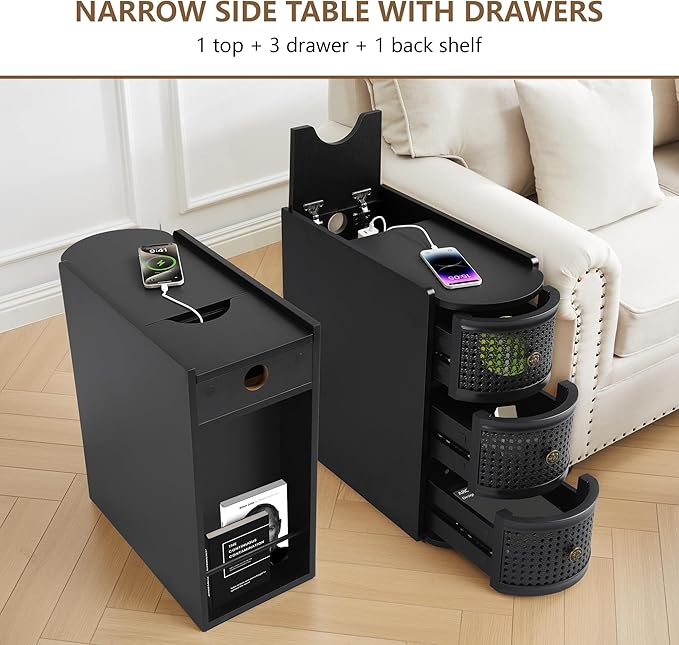 Metal Rattan Narrow End Table with Charging Station, Black Side Table with Drawers Storage, Small Night Stand with Power Outlets and USB Ports, Sofa Side Table for Living Room - Black