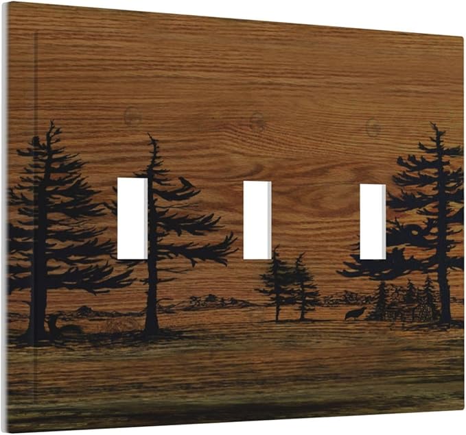 Decorative Switch Plate Covers Rustic Farmhouse Brown Board Pine Tree Wood Grain 3 Gang Light Switch Cover Plate Triple Toggle Wall Plate Light Switch Covers for Bathroom Decor