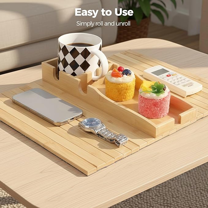 Bamboo Couch Arm Tray with Cup Holder, Foldable Wooden Couch Cup Holder Armrest Table, Non-Slip Sofa Arm Tray Caddy with Storage Sections for Drinks, Phones, Remotes and Snacks