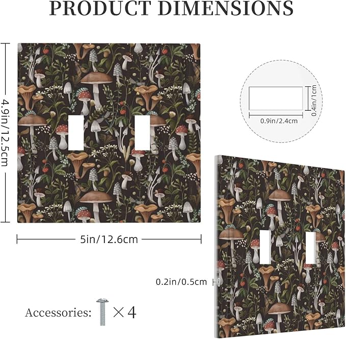 Funky Retro Vintage 70s 60s Boho Hippie Mushroom Double Toggle Light Switch Cover Plate Decorative 2-Gang Wall Plate Bohemian Floral Leaf Dual Device Electrical Switchplate Faceplate for Bathroom