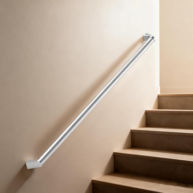 10 FT Handrails for Indoor Stairs,Railings，Outdoor Stairs Handrail，Modern Aluminum Handrail Set, Wall Mounted，Wall Return Bracket More Safety, Rust Free. (Anodized Silver, 10 FT)