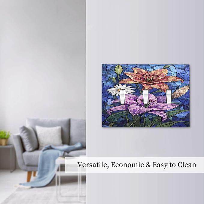 Decorative Switch Plates Vintage Colorful Flower Oil Painting Style 3 Gang Wall Plate Triple Toggle Light Switch Cover Faceplate Electrical Wall Panels for Bedroom Bathroom Decor