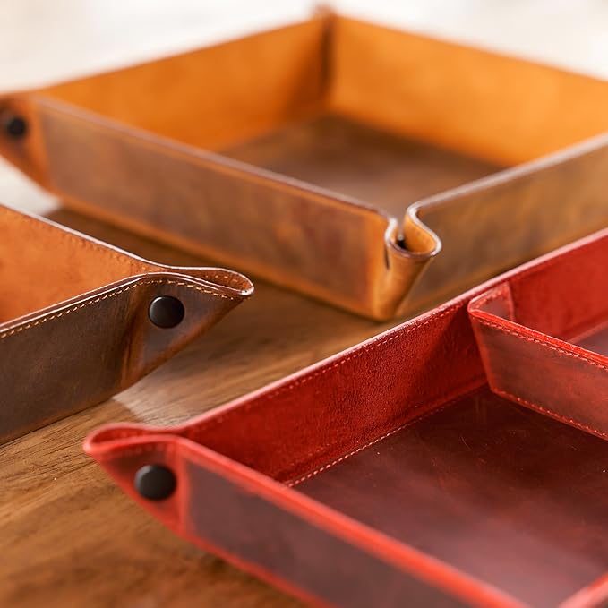 Handmade Leather Catch All Tray and Organizer for Keys, Phones, Jewels, Coins, Square - Medium, Choco Brown