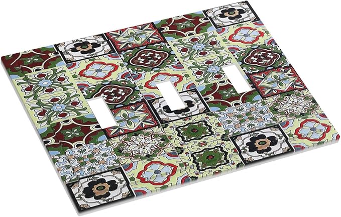 Decorative Switch Plates Talavera Tile Decal 3 Gang Wall Plate Triple Toggle Light Switch Cover Faceplate Electrical Wall Panels for Bedroom Bathroom Decor