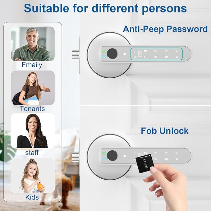 Fingerprint Door Lock, Fingerprint Door Knob Biometric Door Lock Smart Door Knob with App Control, Keyless Entry Door Lock with Handle for Home Office Apartment Bedroom Silver