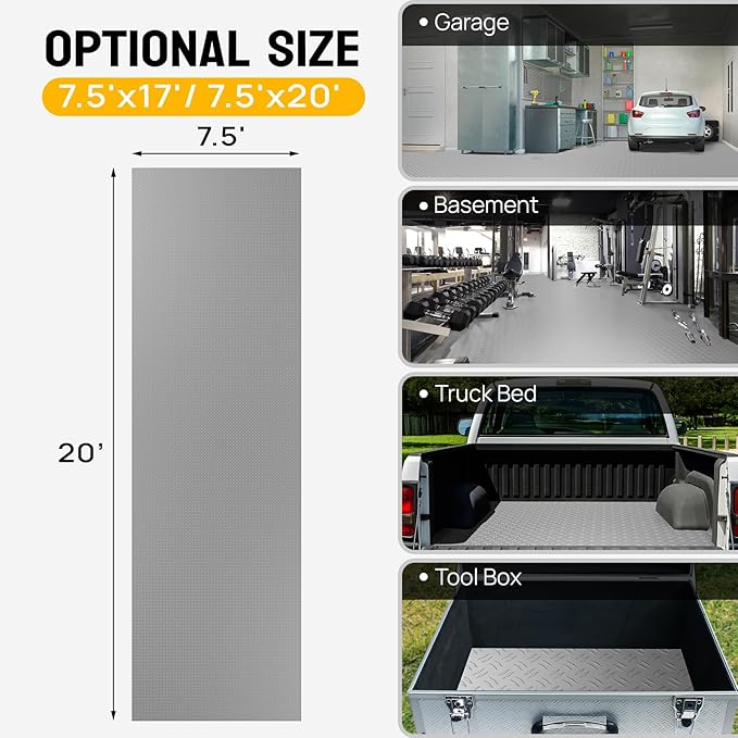 Bonnlo 7.5 X 20 FT Garage Floor Mat,Thickened Double Diamond Plate Garage Floor Covering, PVC Garage Flooring Roll for Under Car,Garage, Warehouse, Gyms, Trailer,Gray