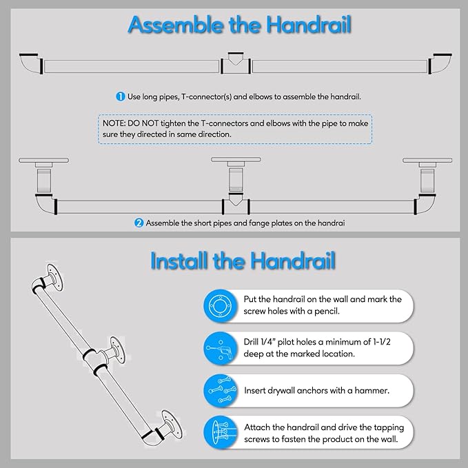 Pipe Stair Handrail, 6.6 Ft Metal Staircase Handrail, Black Galvanized Industrial Iron Hand Rail for Indoor & Outdoor Wall Mount Support, Wall Hand Railing,Safety Handle, Steps Baluster(HR04)
