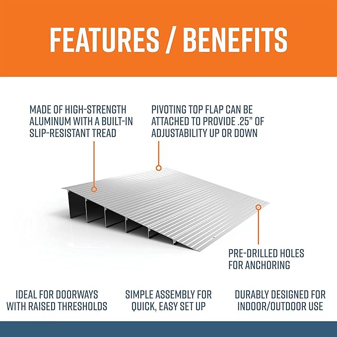 EZ-ACCESS - Threshold Ramps for Doorways - Portable Wheelchair Ramp for Home Steps, Aluminum Door Threshold Sliding Doors, Walker & Wheelchair Access - Adjustable Modular Transitions, 6" Rise