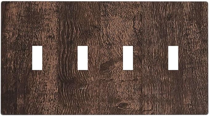 Light Switch Covers Rustic Dark Brown Wood Grain Quad Toggle Electrical Faceplate 4 Gang Wall Plate Decorative Switch Plates for Farmhouse Bedroom Decor