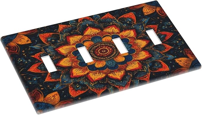 Colorful Oriental Floral Blooming Mandala Flower 4 Gang Light Switch Covers Decorative Quad Toggle Wall Plate Cover 4 Hole Electrical Device Switchplate Dimmer Faceplate for Bathroom Decor