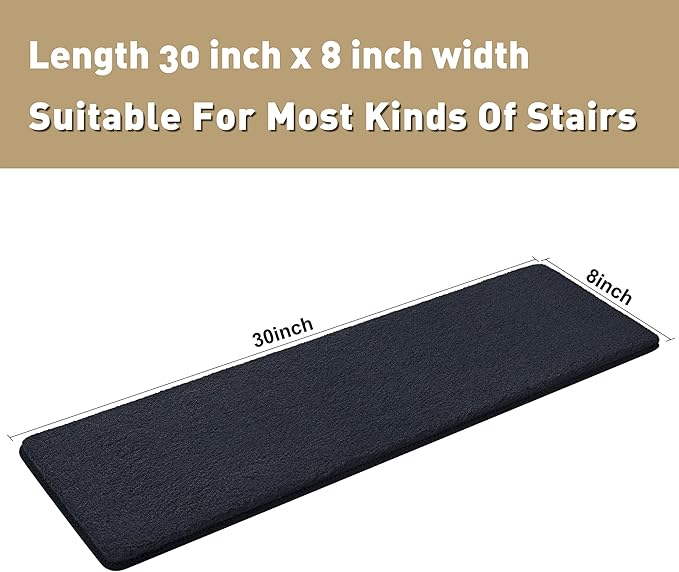 PURE ERA Carpet Stair Treads Ultra Plush 8" X 30" Soft Indoor Stair Protectors Pet-Friendly Non-Slip Skid Resistant Tape Free Washable Reusable(2 Pieces, Black)