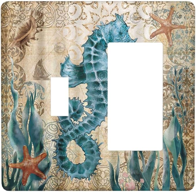Vintage Blue Seahorse Seaweed Starfish Ocean Nautical Theme 2 Gang Light Switch Cover Decorative Combination Toggle Rocker/Decora Wall Plate Electrical Switchplate Faceplate for Farm Bathroom