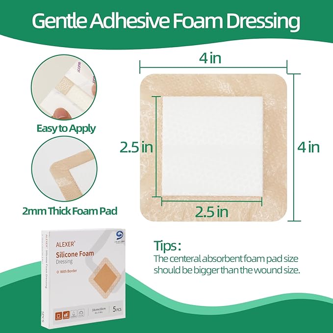 Jointown Foam Wound Care Dressing, Adhesive Silicone Foam Dressing with Border, Waterproof Bed Sore Bandages, 4"x4", 5 PCS