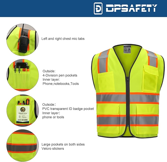 9 Pockets High visibility Class 2 Safety Vest，Hi Vis Vest with 2 inch wide Reflective Strips security vest with Zipper construction work vest for men &women Lime,3XL