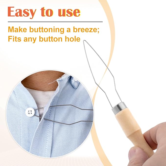 3 Packs Easy Button Hook, Steel Button Helper Tool for Elderly, Wide Wood Handle Buttons Fastener Device Assist Dressing Aid Tool for Seniors One Hand
