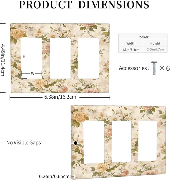 Light Switch Covers Boho Vintage Roses Pink Red Yellow Bouquet Floral 3 Gang Rocker Electrical GFCI Decorative Triple Outlet Wall Plate Cover Switchplate for Bedroom living Room Decor
