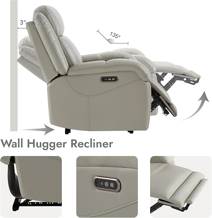 Watson & Whitely Oversized Genuine Leather Power Recliner Chairs for Big and Tall, Wall Hugger Recliner with Power Headrest & Charging Ports, Extra Large Reclining Chair for Living Room, Grey
