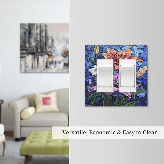 Decorative Outlet Covers Vintage Colorful Flower Oil Painting Style 2 Gang Double GFCI Rocker Electrical Wall Panels Light Switch Cover Plate for Bedroom Bathroom Decor