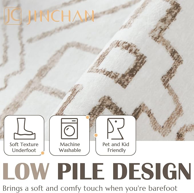 jinchan Moroccan Runner Rug 2x10 for Hallway - Bohemian Kitchen Machine Washable Runner Rug Modern Soft Ultra-Thin Low-Pile Non-Slip Carpet for Entryway Laundry Room Farmhouse (2x10ft, Taupe)