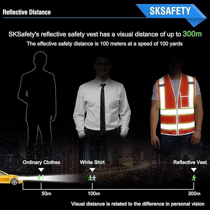 SKSAFETY 10 Pockets Safety Vest, Class 2 High Visibility Security with Zipper, Hi Vis Vest with Reflective Strips, ANSI/ISEA Standard, Construction Work Vest for Men ＆ Women （Orange, 3XL）