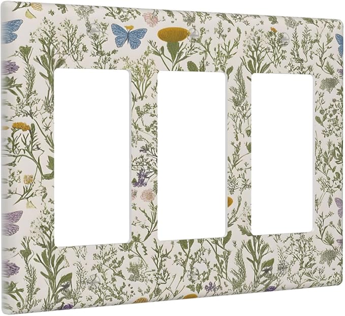 Floral Vintage Garden Plants Herbs Flower Botanical Outlet Covers Triple Rocker Light Switch Covers Decorative Mustard Green 3 Gang Wall Plate Gfci Electrical Receptacle Switchplate Faceplate