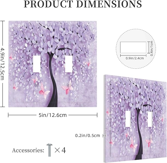Light Switch Cover 3D Purple Tree 2 Gang Wall Plate Double Light Switch Plate Toggle Decorative Outlet Covers Electrical Switchplate for Bathroom Bedroom Decor