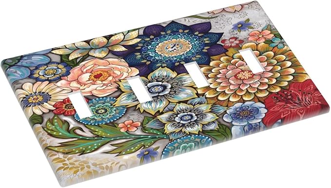 Boho Floral Colorful Floral Multi Color Flower Light Switch Covers Quad Toggle Electrical Faceplate 4 Gang Wall Plate Decorative Switch Plates Cover for Bedroom Living Room Home Decor