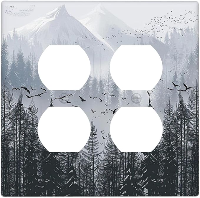 Misty Forest Nature Tree Mountain Birds Outlet Covers 2 Gang Double Duplex Decorative Light Switch Covers Electrical Wallplates Socket Faceplate for Bed Room Living Room Decor