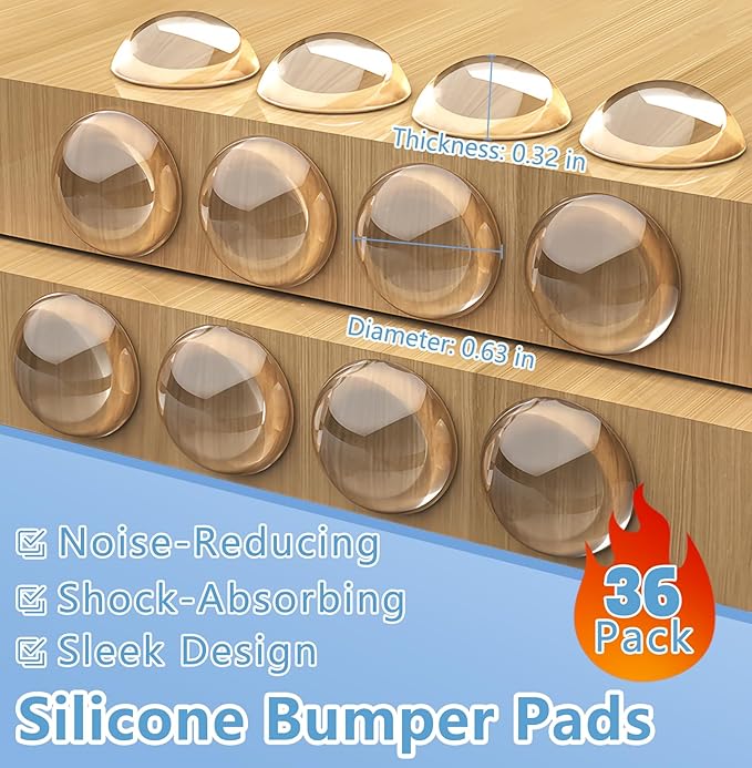 Clear Silicone Cabinet Door Bumpers 36 Pcs - Self-Adhesive Noise Dampening Pads for Cabinets, Drawers & Table Tops | Reusable Wall Protectors, No Residue Furniture Protectors (Transparent)