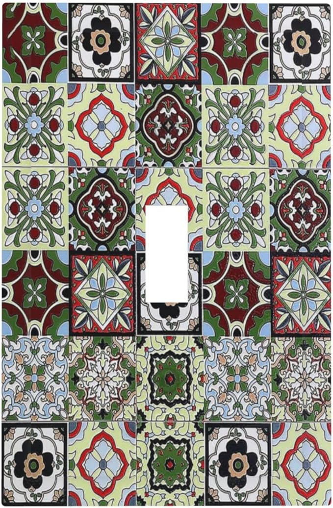 Decorative Light Switch Cover Talavera Tile Decal 1 Gang Single Toggle Device Electrical Faceplate Switchplates Decorator Outlet Wall Plate for Bedroom Bathroom Decor
