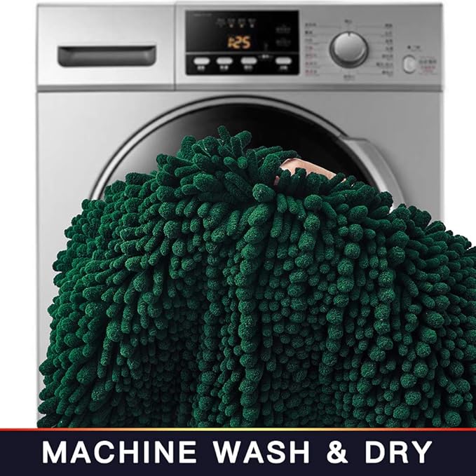Walensee Bathroom Rug 2 Pieces Set Non Slip Bath Mat (20"x32" Plus 20"x24" U Hunter Green) Water Absorbent Super Soft Shaggy Chenille Machine Washable Dry Extra Thick Perfect Carpet for Shower Floor