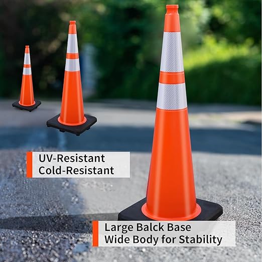 (4 Cones) BESEA 36” inch Orange PVC Traffic Cones, Black Base Construction Safety Cones Road Parking Cone Structurally Stable Wearproof (36" Height)