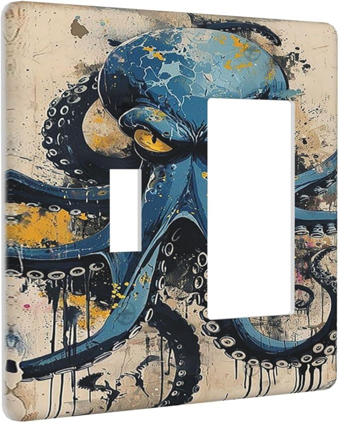 Outlet Covers Nautical Vintage Blue Octopus Yellow Eyes Oil Watercolor 1 Toggle 1 Rocker Combination Decorative Wall Plate Electrical Switch Plates Light Switch Cover Plate for Kids room
