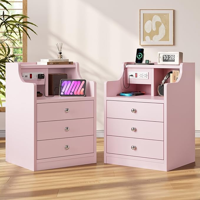 ADORNEVE Night Stand Set 2,Pink Nightstand with Charging Station & Hutch,Night Stands for Bedrooms Set of 2,Bedside Table with Drawers