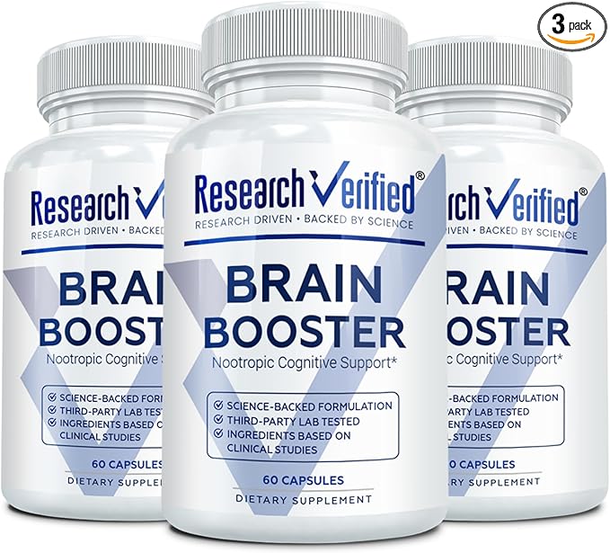 Research Verified Brain Booster - Brain Supplement for Memory and Focus, Nootropic Supplement for Cognitive Support - 180 Vegan Capsules - 3 Bottles