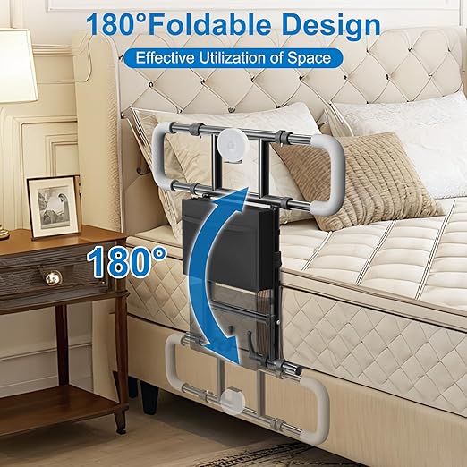 Seeutek Bed Rails for Elderly Adults Safety, Foldable Bed Assist Rails for Seniors, Adjustable Bed Side Rails with Safety Strap & Storage Pocket & LED Light, Fit Queen Twin King Beds