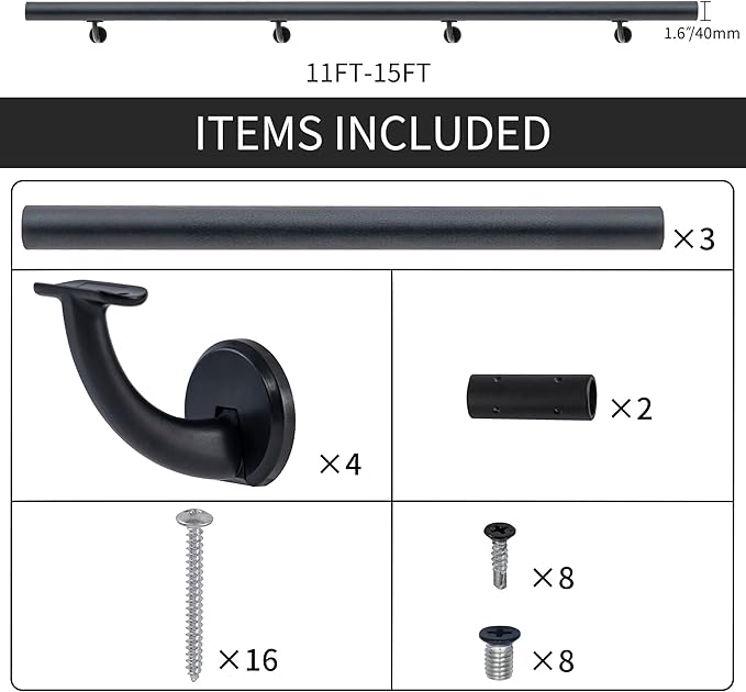 17 FT Modern Aluminum Handrail Set, handrails for Indoor Stairs,Deck,Slope, Wall Mounted Staircase handrails, Zink Alloy Brackets Included,Rust Free. (Matte Black, 17 FT)