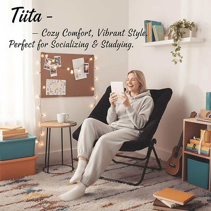 Tiita Comfy Folded Chair, Soft Faux Fur Oversized Folding Accent Chair, Lounge Lazy Chair for Kids Teens Adults, Metal Frame Moon Chair for Bedroom, Living Room, Dorm Rooms