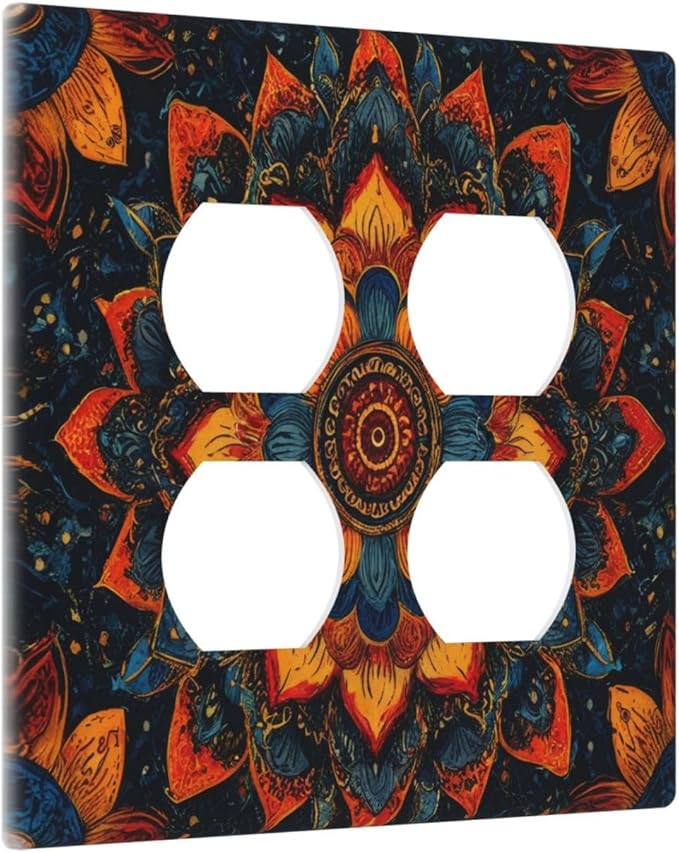 Colorful Oriental Floral Blooming Mandala Flower Outlet Covers 2-Gang Duplex Light Switch Covers Decorative Gfci Wall Plate Covers Electrical Receptacle Switchplate Plug Faceplate Bathroom