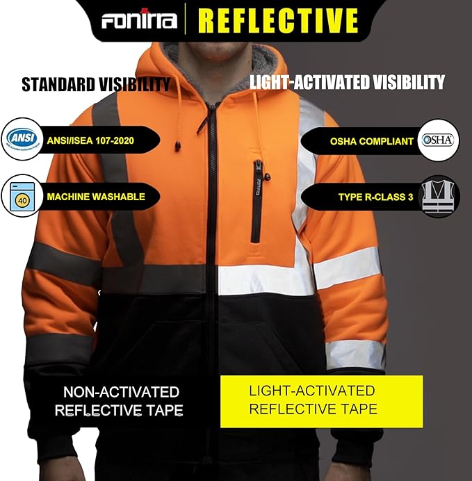 FONIRRA Men's High Visibility Safety ANSI Class 3 Lined Fleece Hoodie Sweatshirt with Black Bottom Jumper Workwear for Men(Orange,5XL)