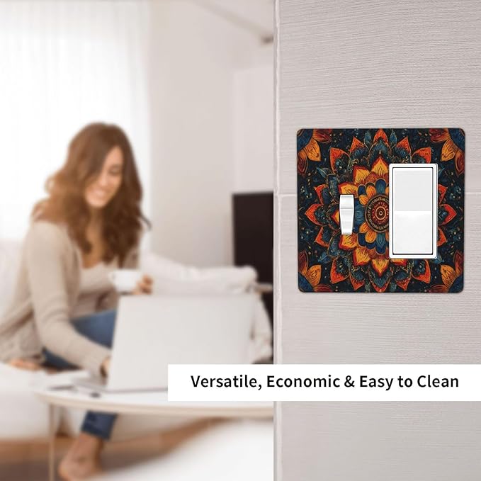 Colorful Oriental Floral Blooming Mandala Flower 2 Gang Combination Light Switch Covers Decorative Toggle Rocker/Decora Wall Plate Electrical Receptacle Switchplate Dimmer Faceplate Bathroom