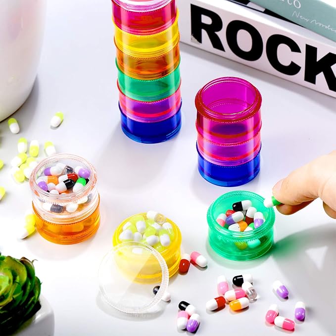 Sieral 7 Days Stackable Pill Organizers 7 Compartments Round Pill Boxes Tower Weekly Vitamin Individual Storage Containers Travel Cases with Lids for Medications, Vitamins and Supplements(2 Sets)