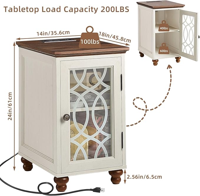 Narrow Side Table with Charging Station, Night Stand with Glass Door, Bedside End Tables with Adjustable Shelf Storage Cabinet,Wood Nightstand for Small Spaces Living Room Bedroom