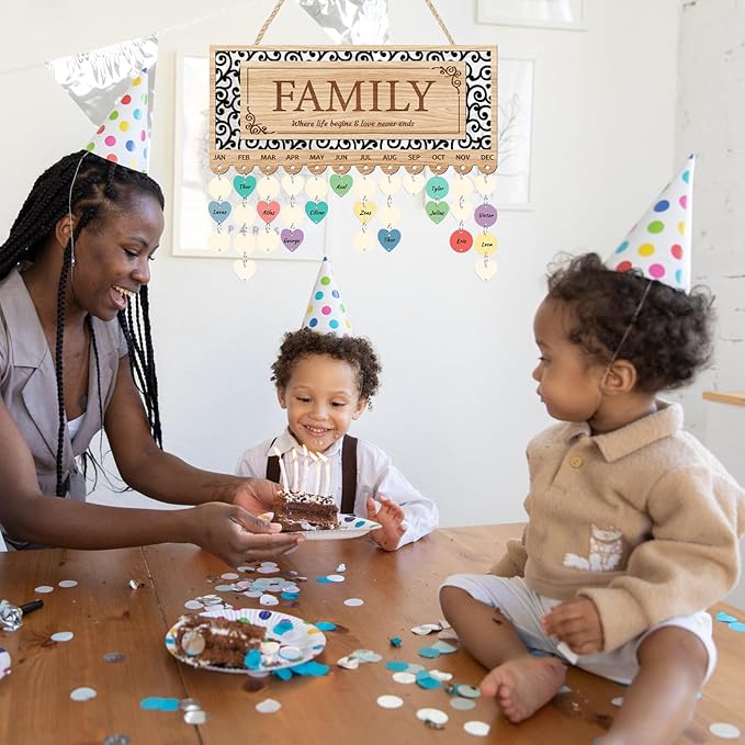KAlRNE Family Birthday Reminder Board,Birthday Calendar Hanging Wooden Plaques,Rustic Calendar with 100 Tags,Hollow-Out Design Farmhouse Reminder Wood Board,Gifts for Mom Nana Parents Grandparents
