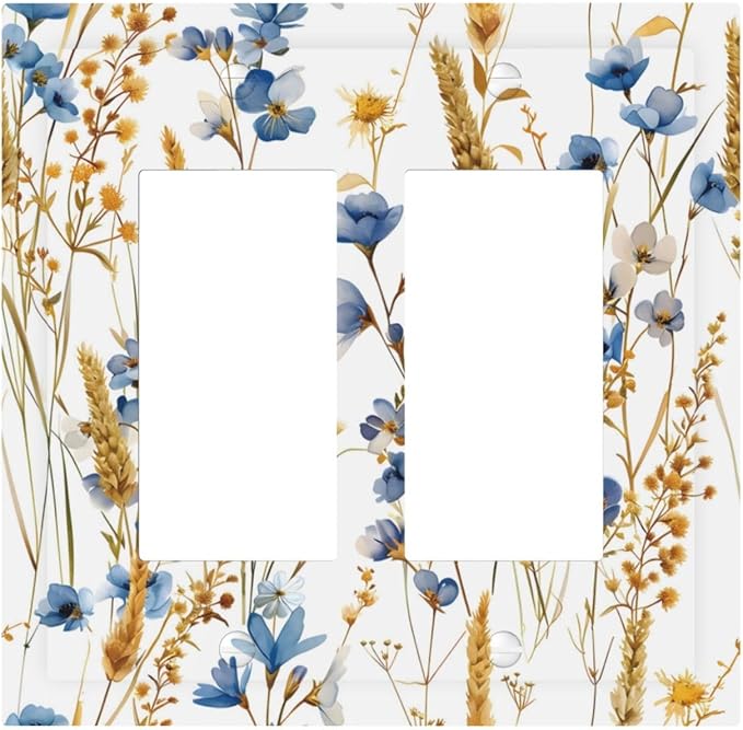 Vintage Wildflower Blue Gold Country Fall Wheat Floral Decorative Outlet Covers 2 Gang Double GFCI Rocker Electrical Wall Panels Light Switch Cover Plate for Bedroom Living Room Decor