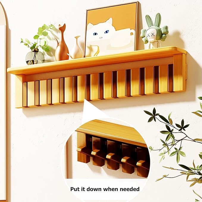 Wall Mounted Piano Key Hanger | Flip Style Hook | Entrance Wall Art Hook, Made of Oak Wood (3 Times Painted, 4 Times Polished) (Tray Beech, 8Hooks)
