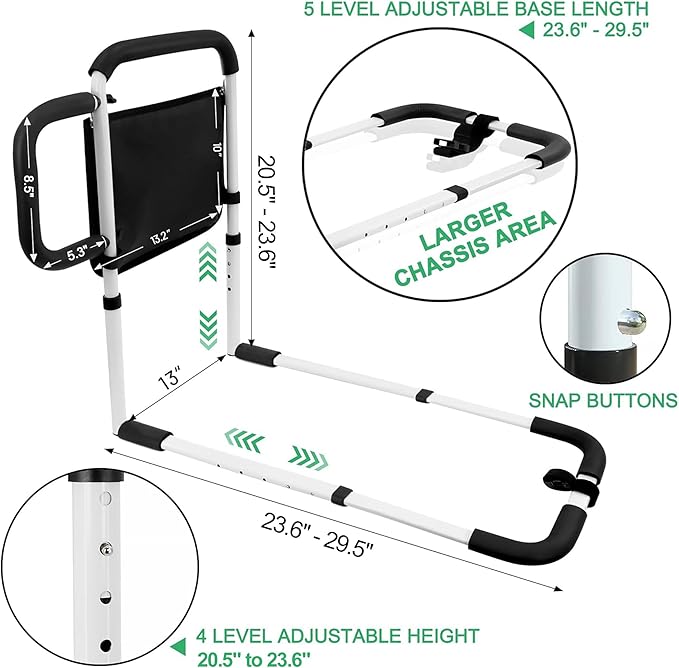 RELIANCER Bed Safety Rail for Elderly Adult w/Side Support Bar&Storage Bag,Dual Handle Assist Grab Bar for Seniors,Adjustable Bedside Support Railing,Bed Side Assist Guard Rail,Bedside Hand Guard Bar