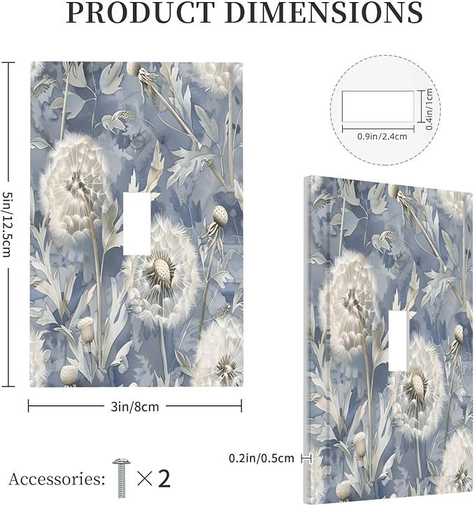 Blue Dandelion Vintage Floral Boho Flower Decorative Light Switch Cover 1 Gang Single Toggle Device Electrical Faceplate Switchplates Decorator Outlet Wall Plate for Bedroom Living Room Home Decor